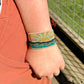 Golden Sun Over Waves Bead Loom Woven Bracelet with Slide adjustable Clasp and Leather Trim