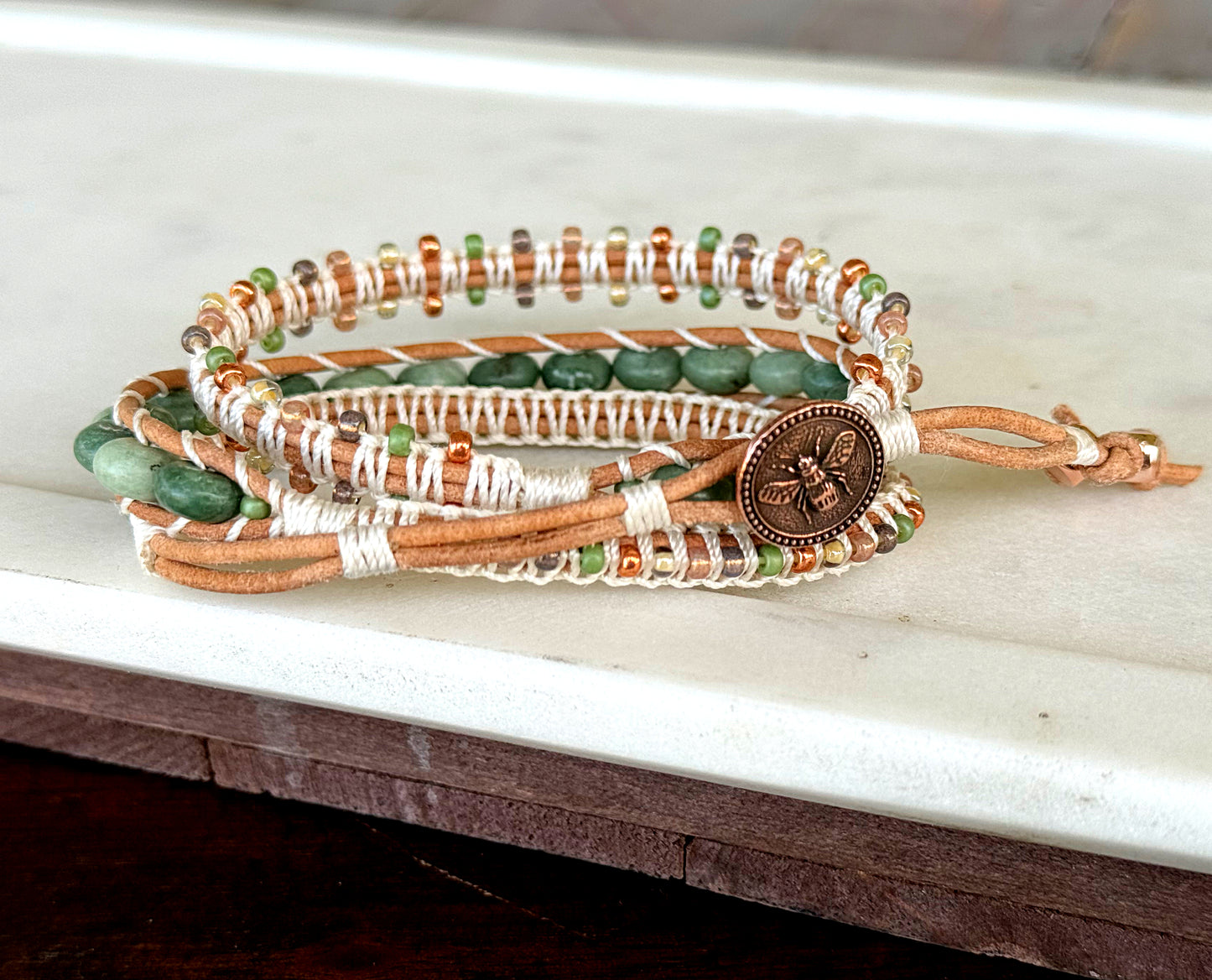Natural Jade Sage green, neutral and copper macrame 3 wrap bracelet