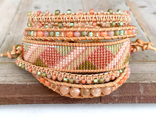 Peach and Olive geometric Beaded Macrame Bracelet and Diamond Loom Set