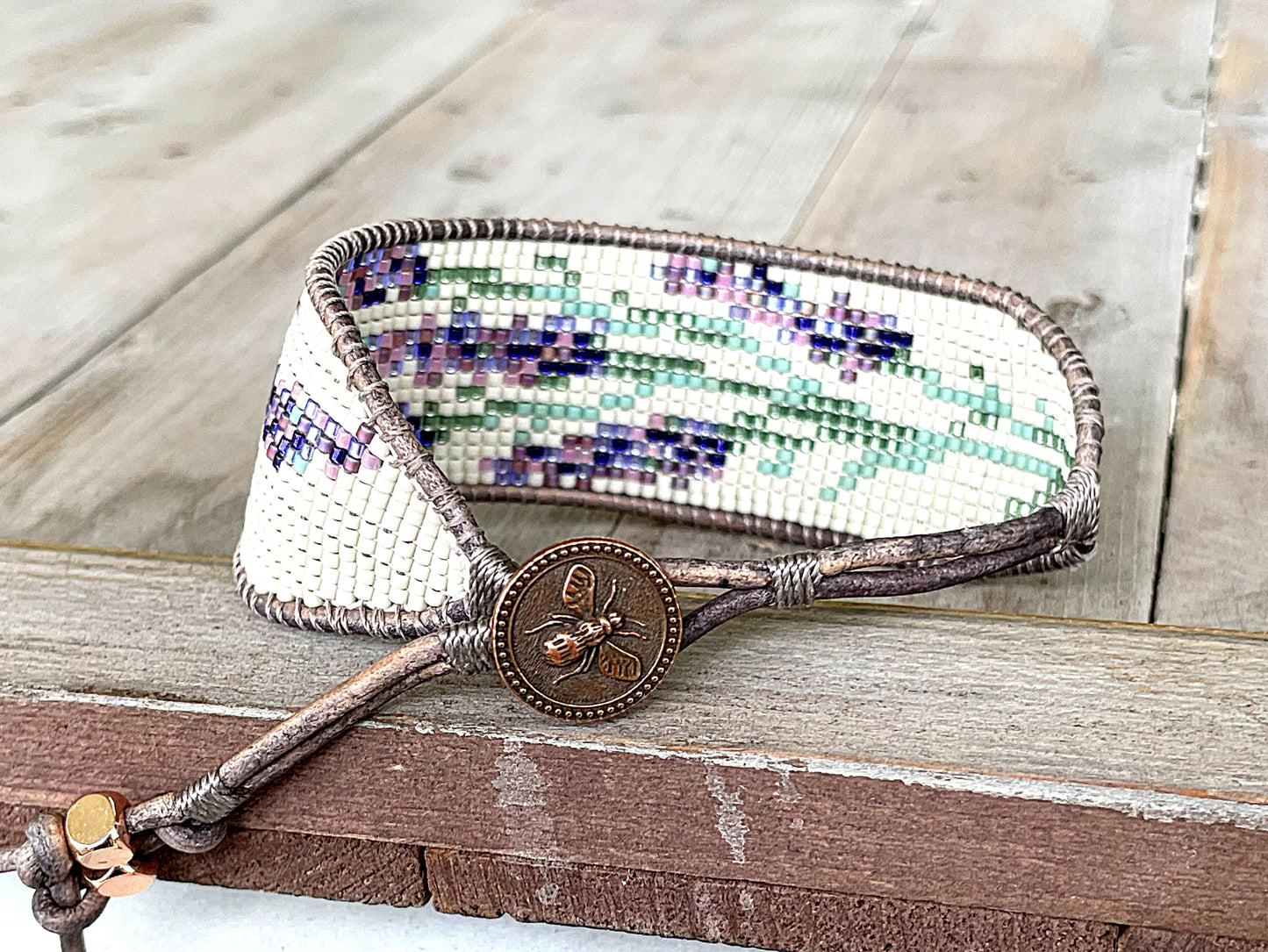 Lavender Floral Bead Loom Woven Bracelet with Leather Trim