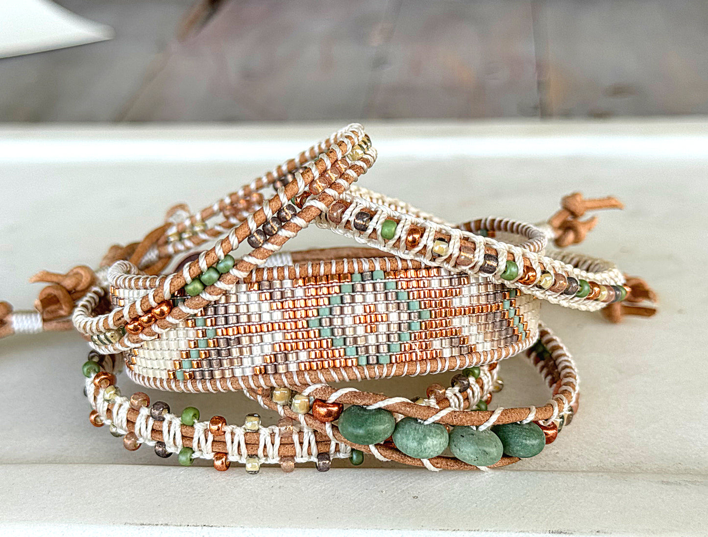 Sage, neutral, and copper starburst Western Geometric Loom and Macrame Bracelet stack set