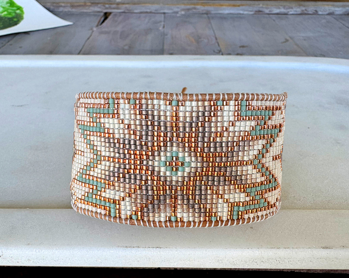 Sage, Copper, and Natural Beige Starburst Bead Loom Woven Leather trimmed Bracelet