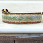 Gold, Green, and Tan Western bead loom woven adjustable leather bracelet