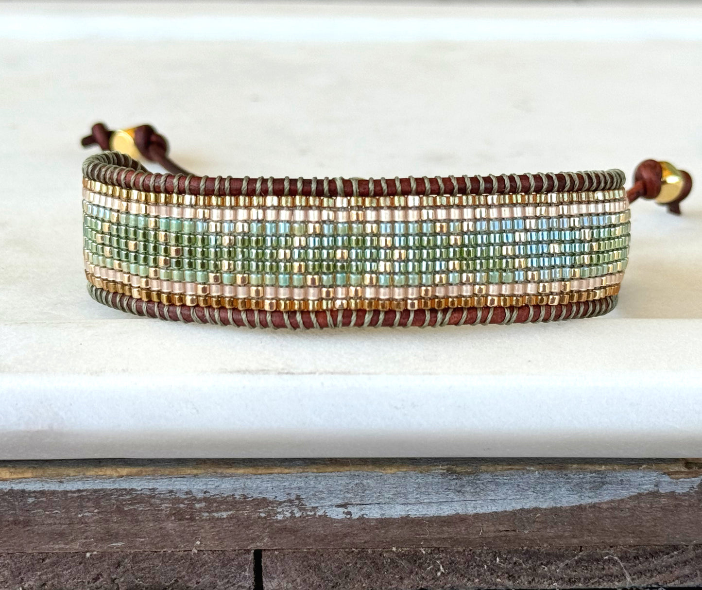 Gold, Green, and Tan Western bead loom woven adjustable leather bracelet