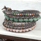 Gray, Blush Quartz, Jade, and Rose Gold Beaded Leather Wrap Bracelet