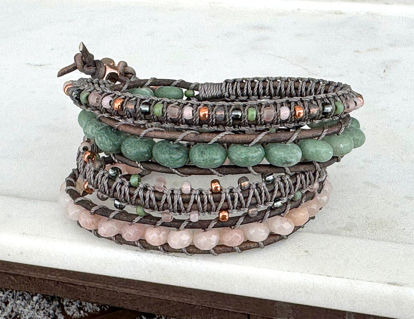 Gray, Blush Quartz, Jade, and Rose Gold Beaded Leather Wrap Bracelet