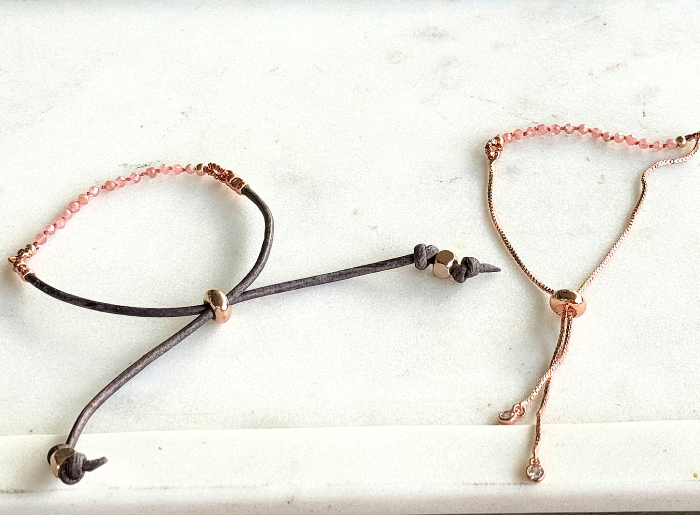 Rhodonite and leather slide adjustable chain or leather stack bracelet