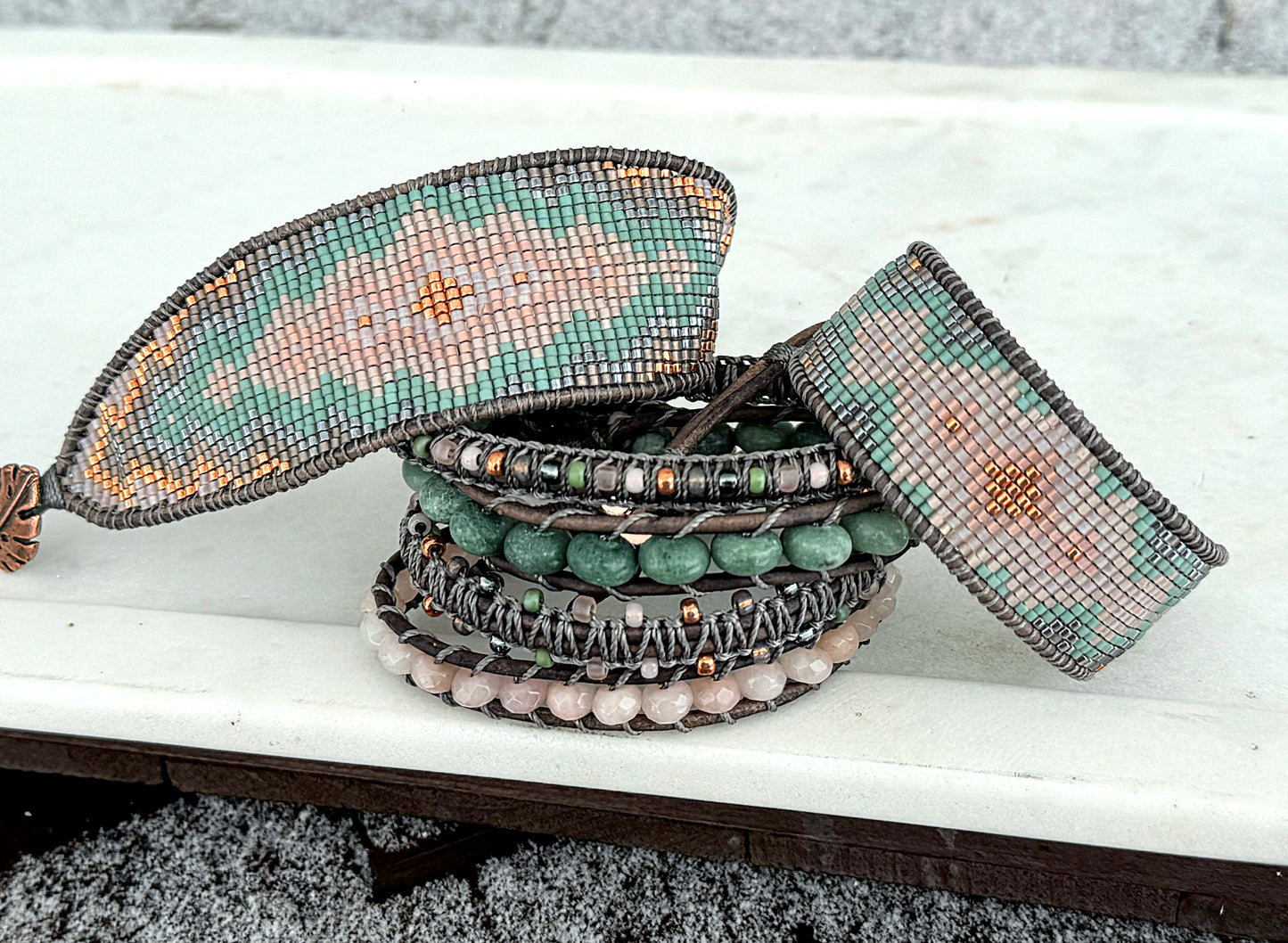 Blush, Sage, Gray, and Rose gold western expanded Diamond Bead Loom Woven Bracelet