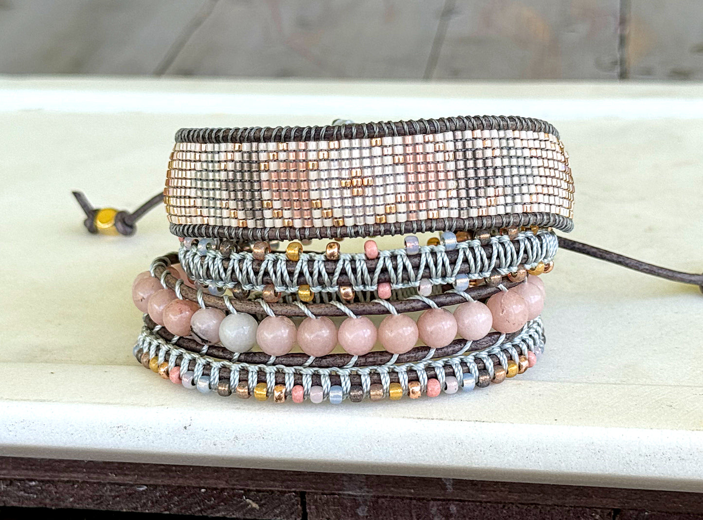 Blush Pink, and Gray Geometric Loom Woven Triangle beaded friendship bracelet