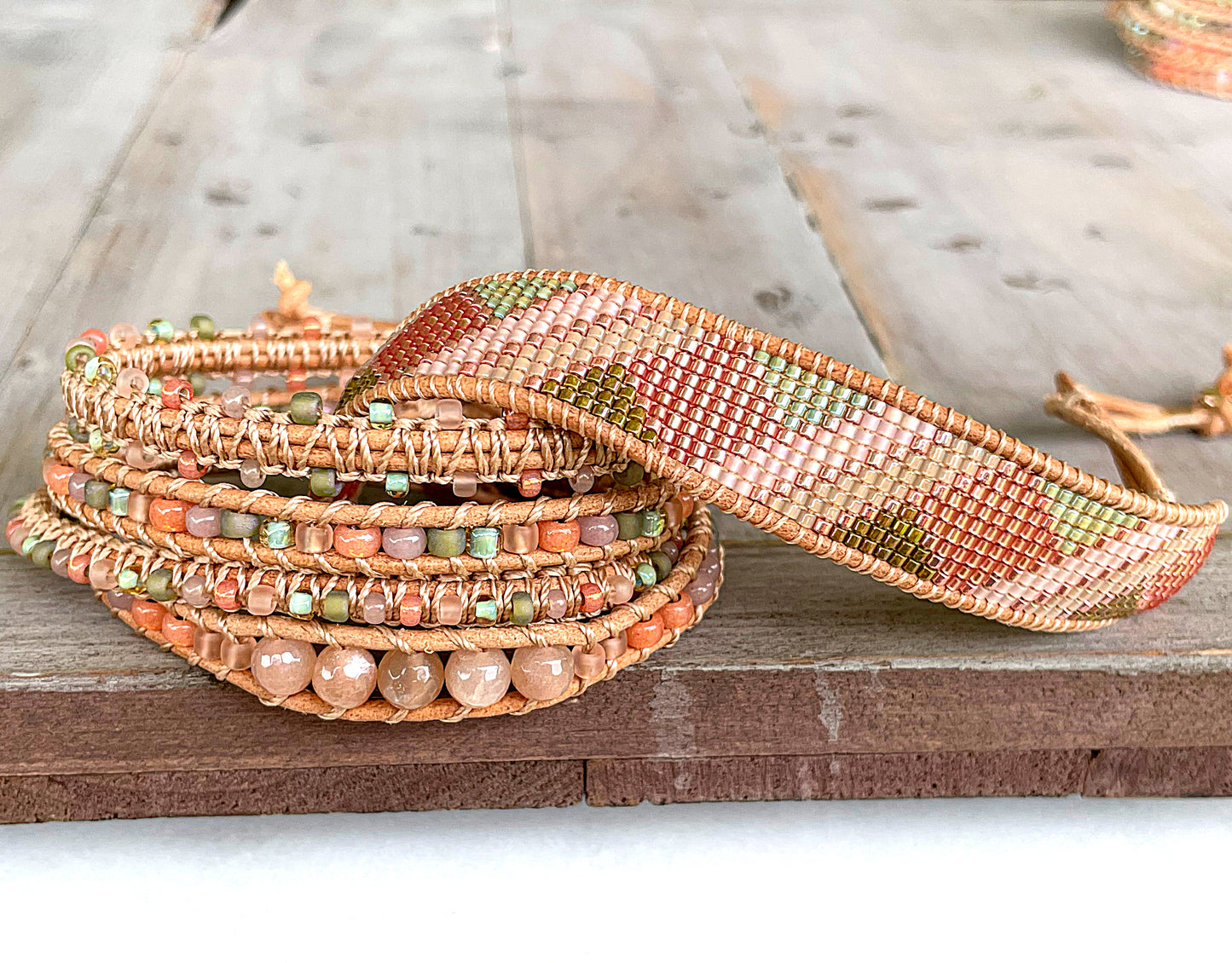 Peach and Olive Leather Beaded Macrame Bracelet Set