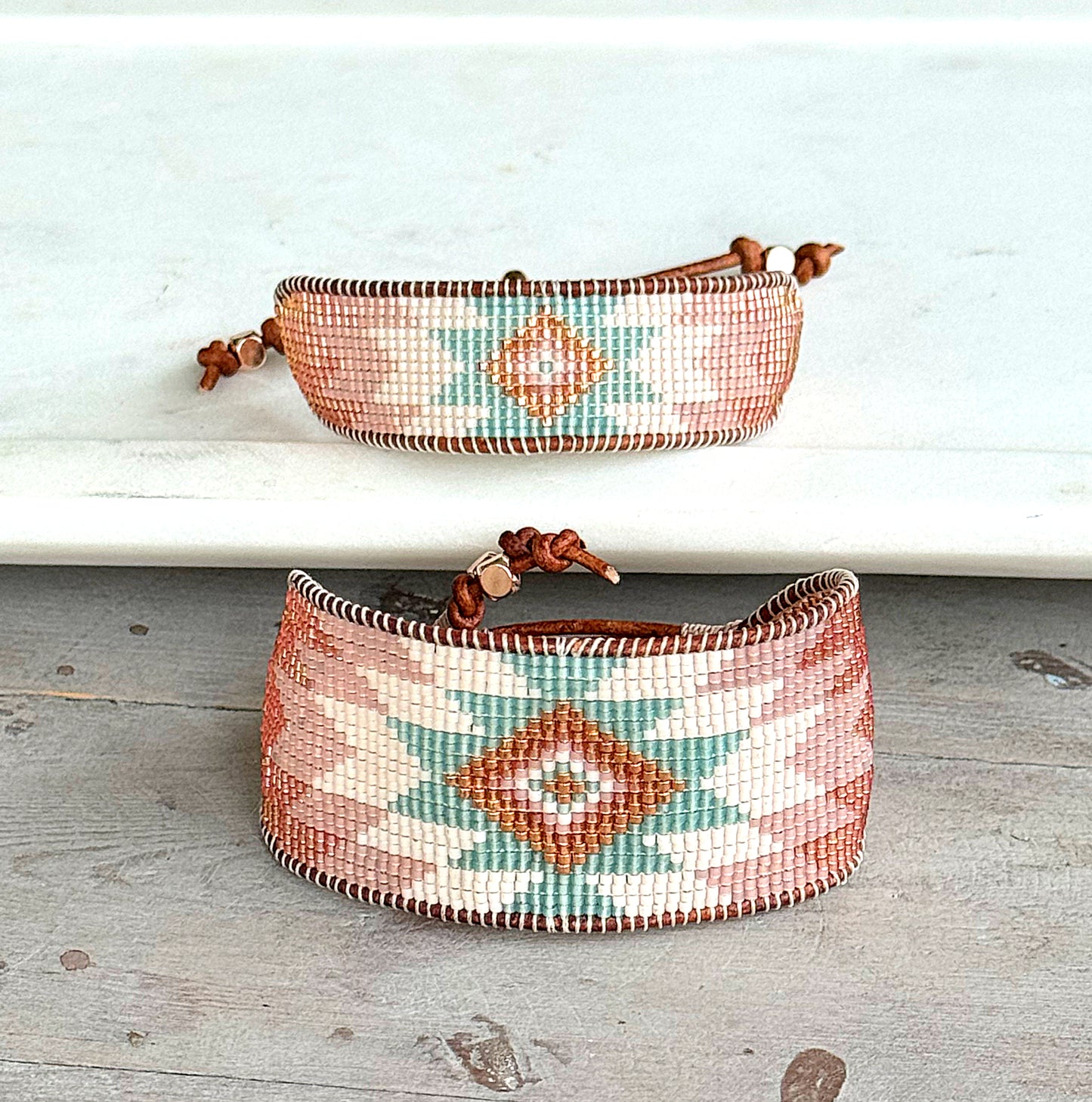 Sea Glass, Blush Rose, and Rose Gold Wide Western Cuff Starburst Beaded Loom Bracelet