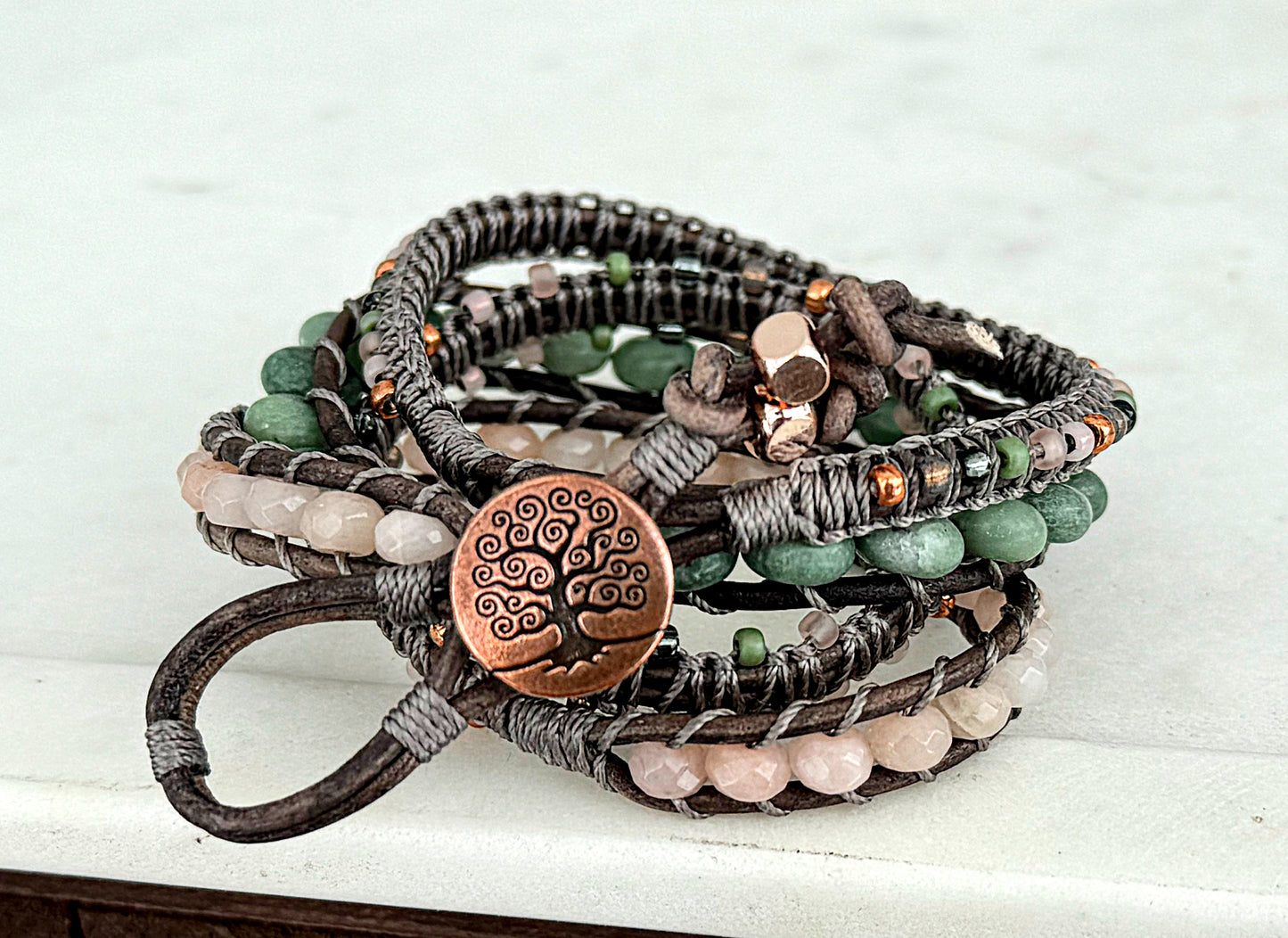 Gray, Blush Quartz, Jade, and Rose Gold Beaded Leather Wrap Bracelet