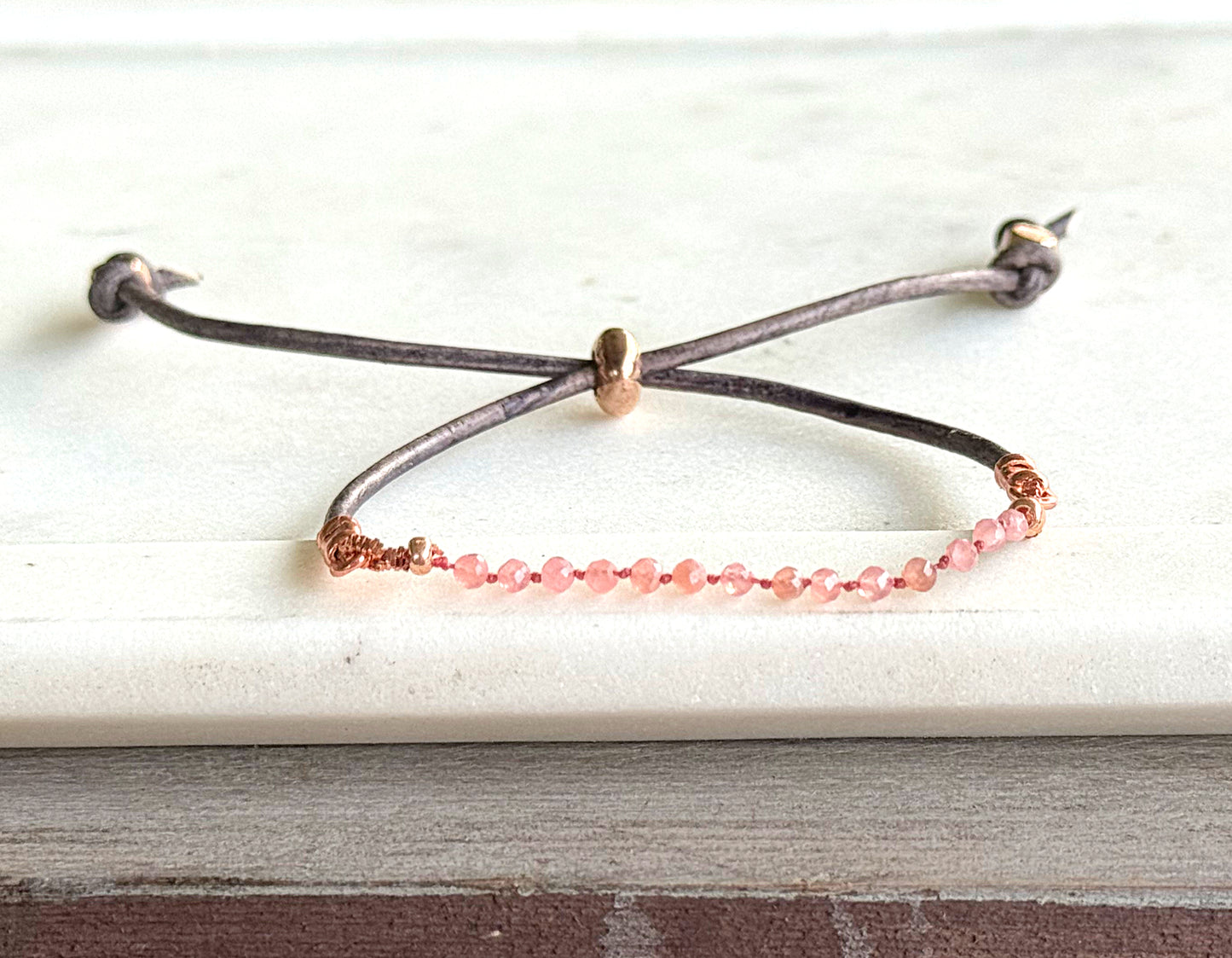 Rhodonite and leather slide adjustable chain or leather stack bracelet