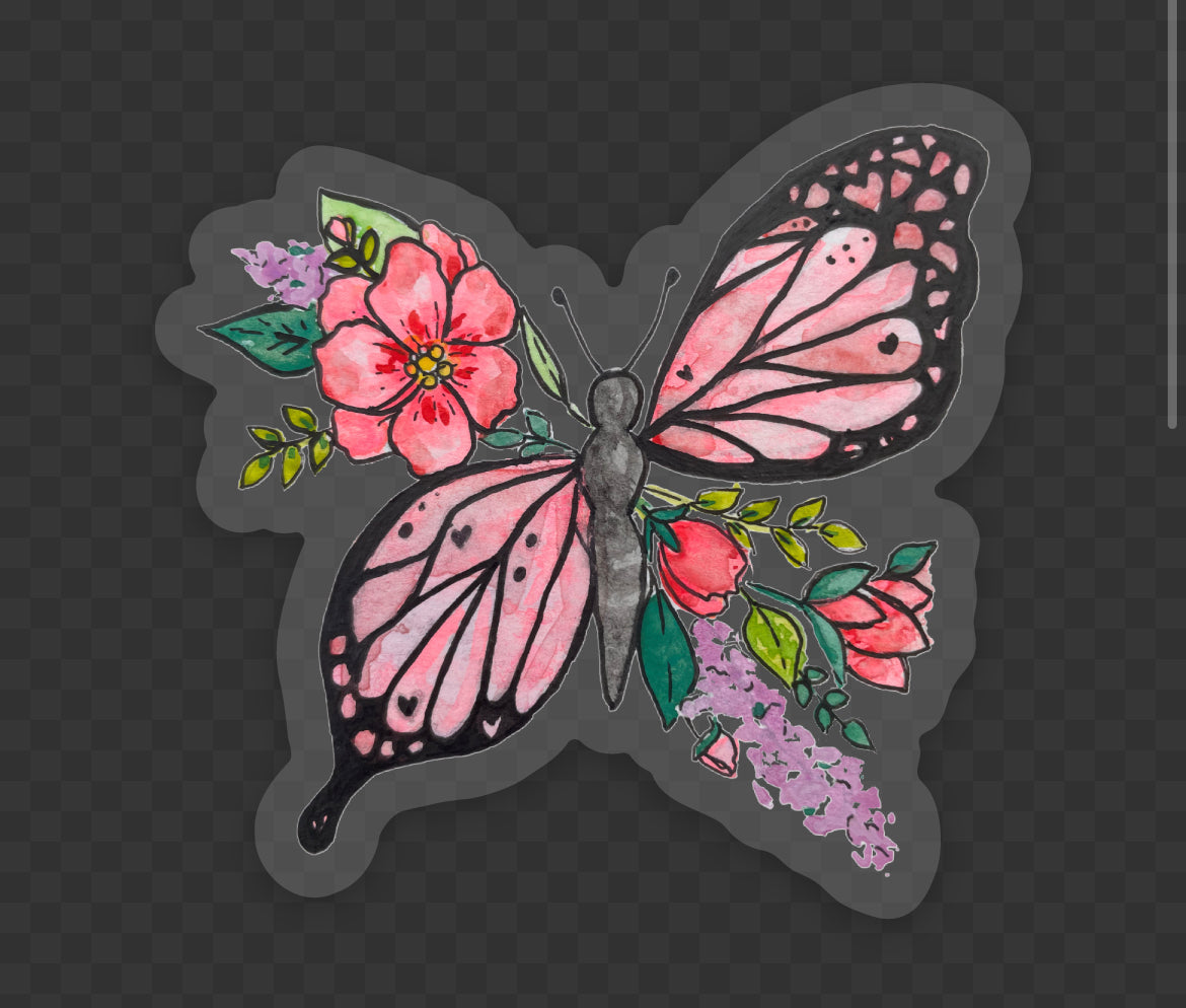 Butterfly Floral Watercolor Waterproof Vinyl Sticker butterfly sticker, bumper sticker, sticker for water bottle pink butterfly sticker