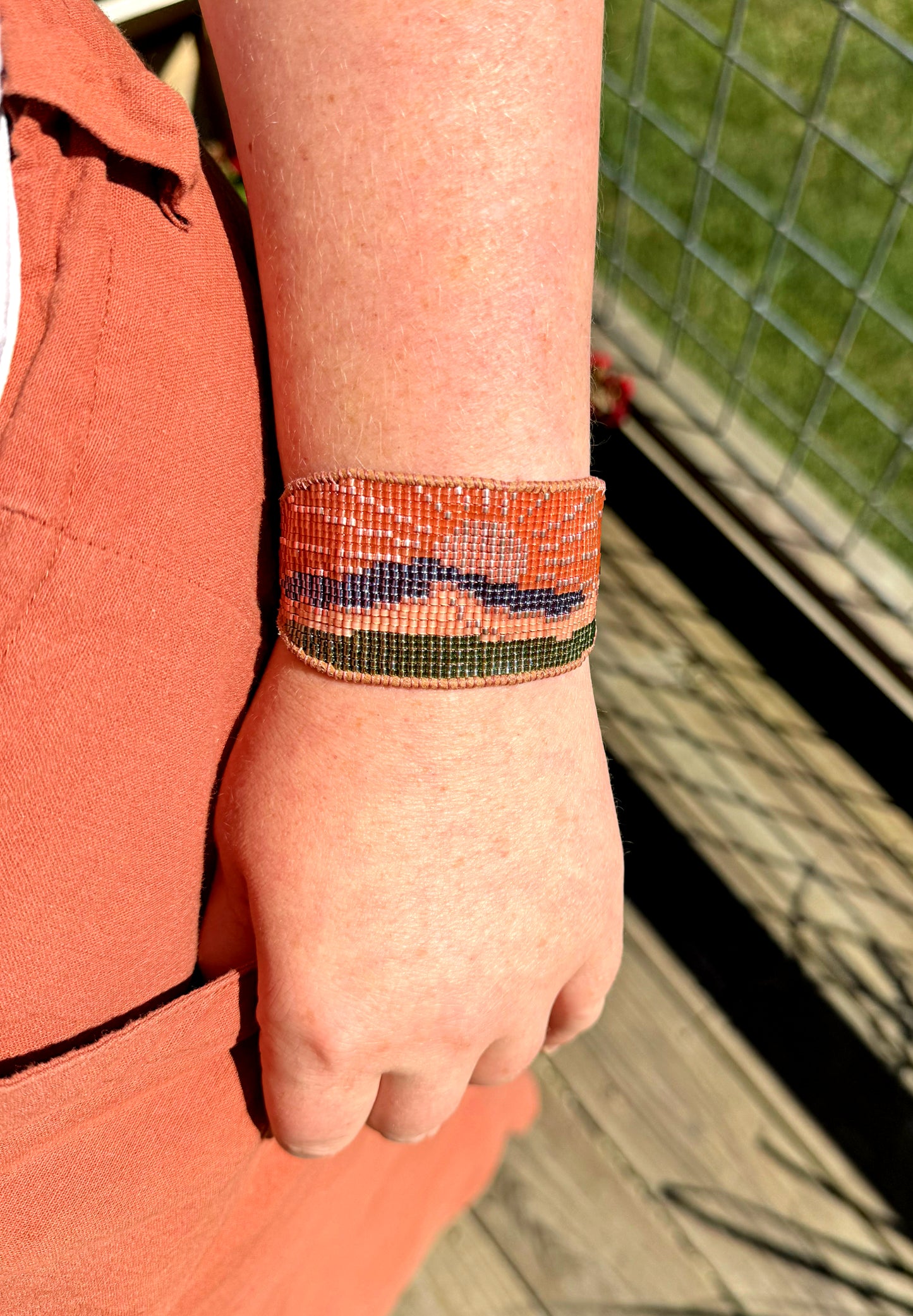 Western Sunrise Bead Loom Woven American Landscape Leather trimmed, adjustable bracelet