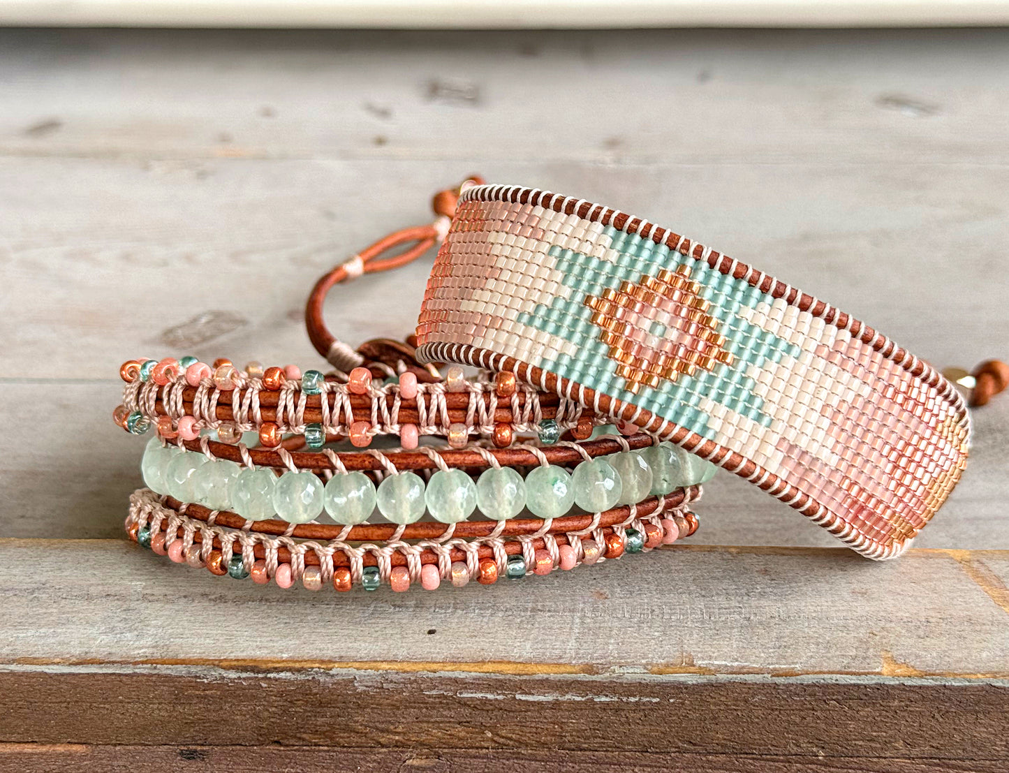 Blush Rose, Sea Glass and Rose gold Starburst Beaded Western Loom Bracelet