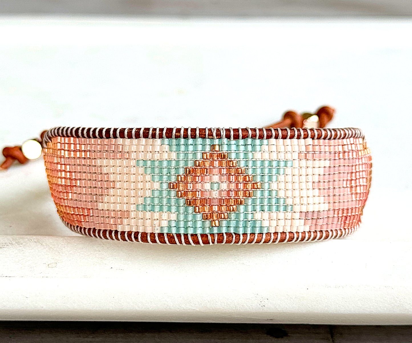 Blush Rose, Sea Glass and Rose gold Starburst Beaded Western Loom Bracelet