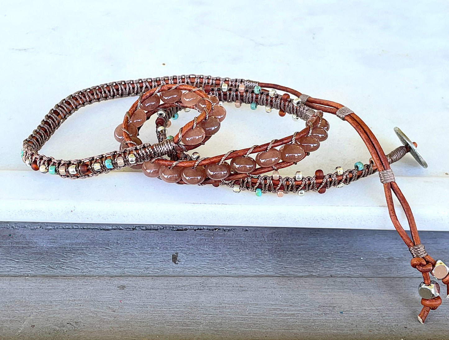 Smoky Quartz Tan, turquoise and silver macrame 3 wrap bracelet