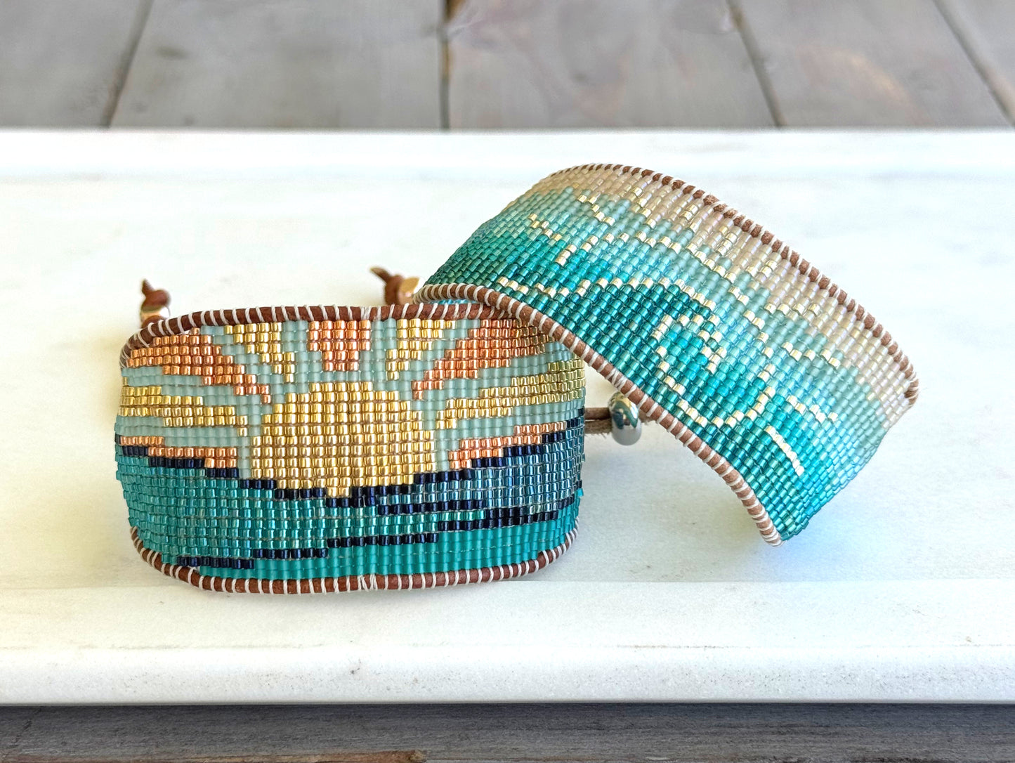 Beachy Wave and Sun Blue Faded Bead Loom Woven Slide Adjustable Bracelet