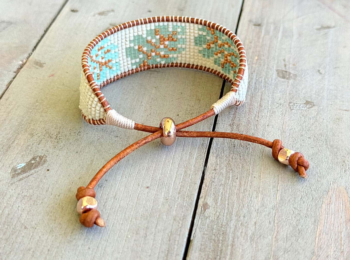 Monstera Palm Leaf Bead Loom Woven Adjustable Leather trim Bracelet