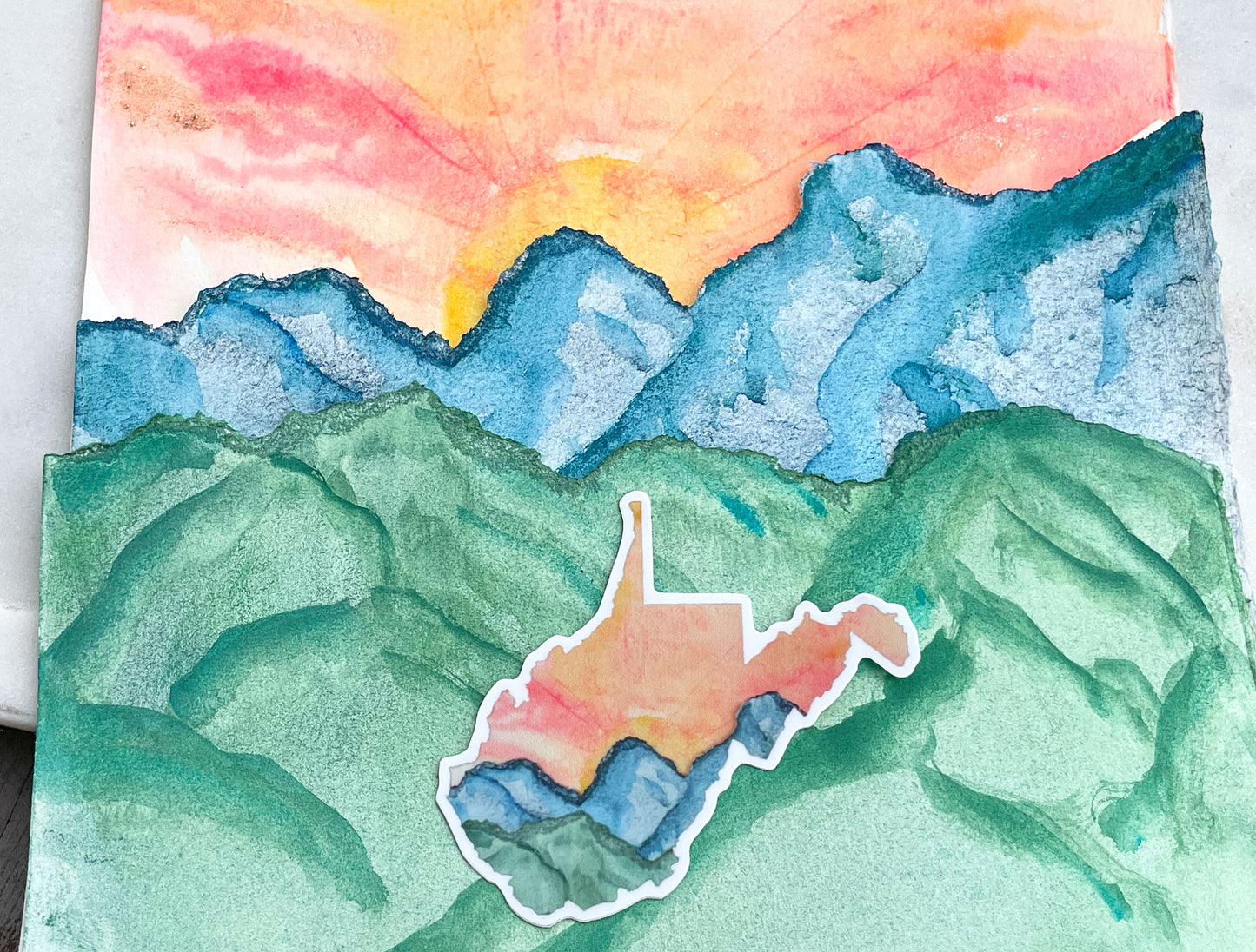 West Virginia Sunset over the mountains watercolor sticker, waterproof vinyl decal