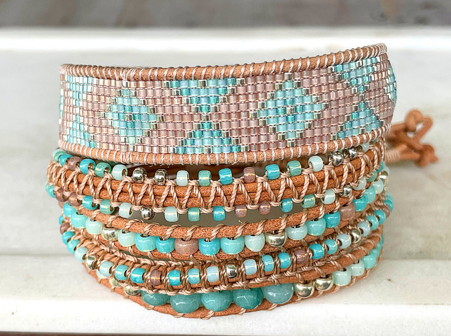 Seafoam Aqua Ombre Diamond beaded friendship bracelet