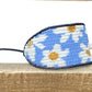 Blue and white boho flower bead loom woven bracelet with slide adjustment