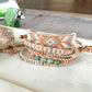 Sage, neutral, and copper starburst Western Geometric Loom and Macrame Bracelet stack set