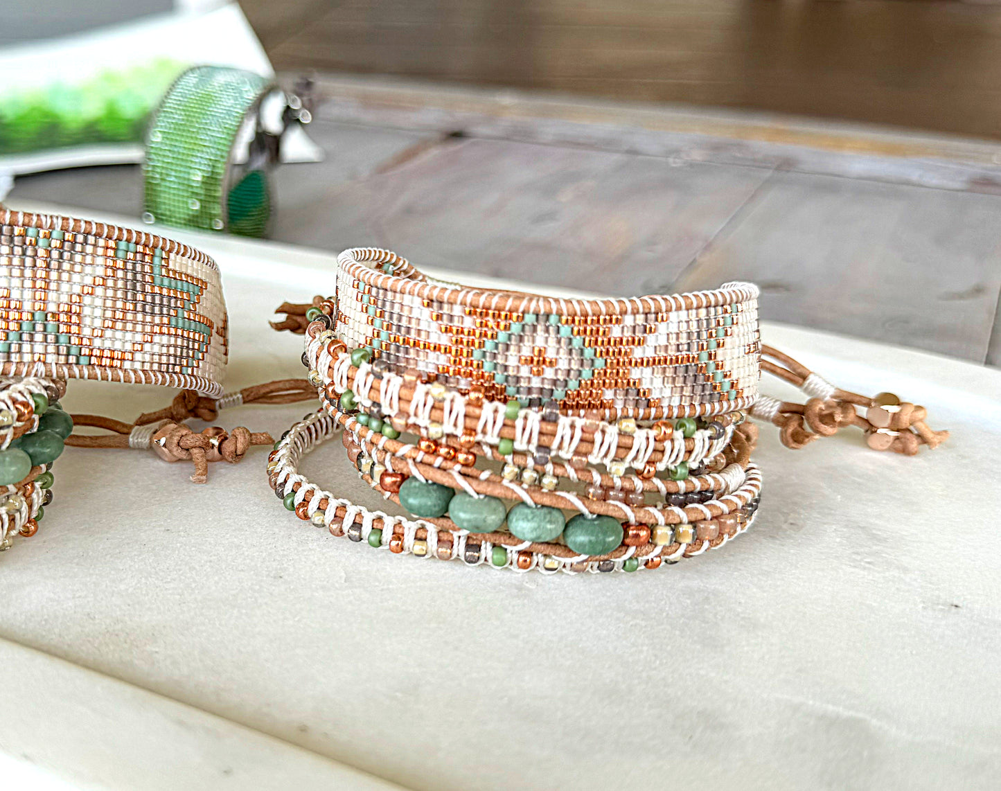 Sage, neutral, and copper starburst Western Geometric Loom and Macrame Bracelet stack set