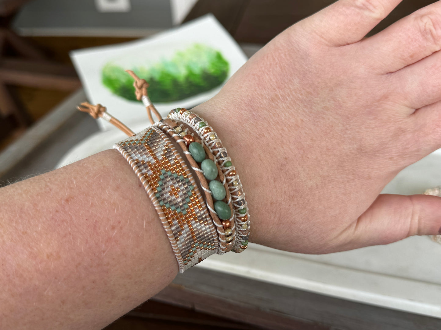 Sage, neutral, and copper starburst Western Geometric Loom and Macrame Bracelet stack set