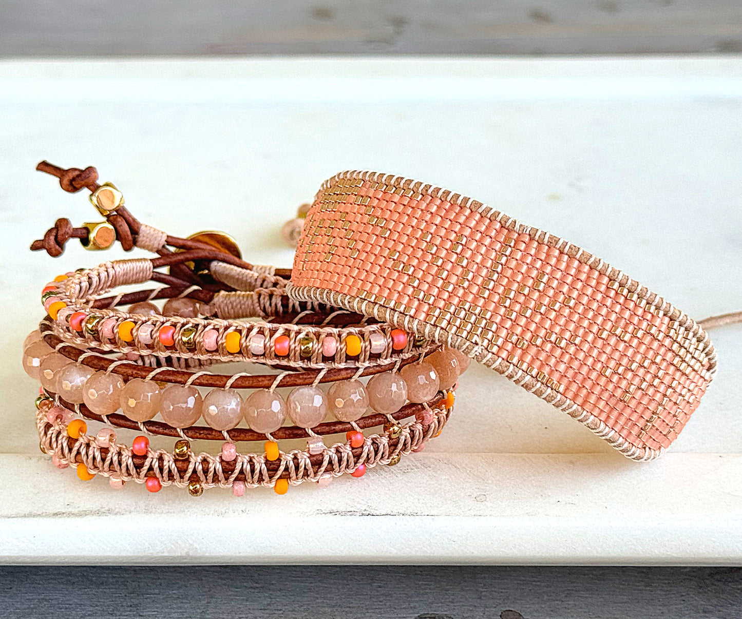 Sunshine, Peach, and Coral Sunstone and Beaded Macrame 3x Leather wrap bracelet