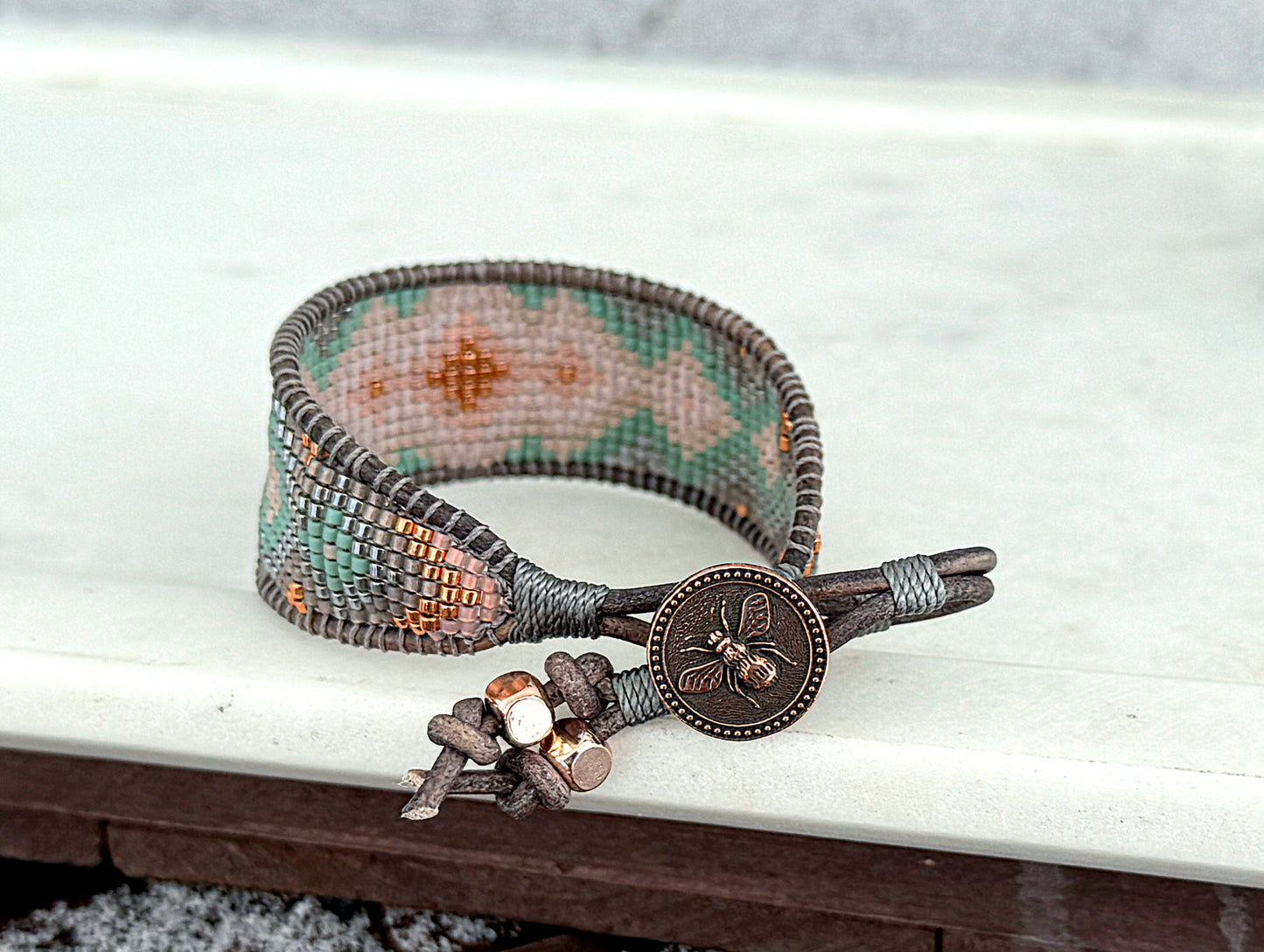 Blush, Sage, Gray, and Rose gold western expanded Diamond Bead Loom Woven Bracelet