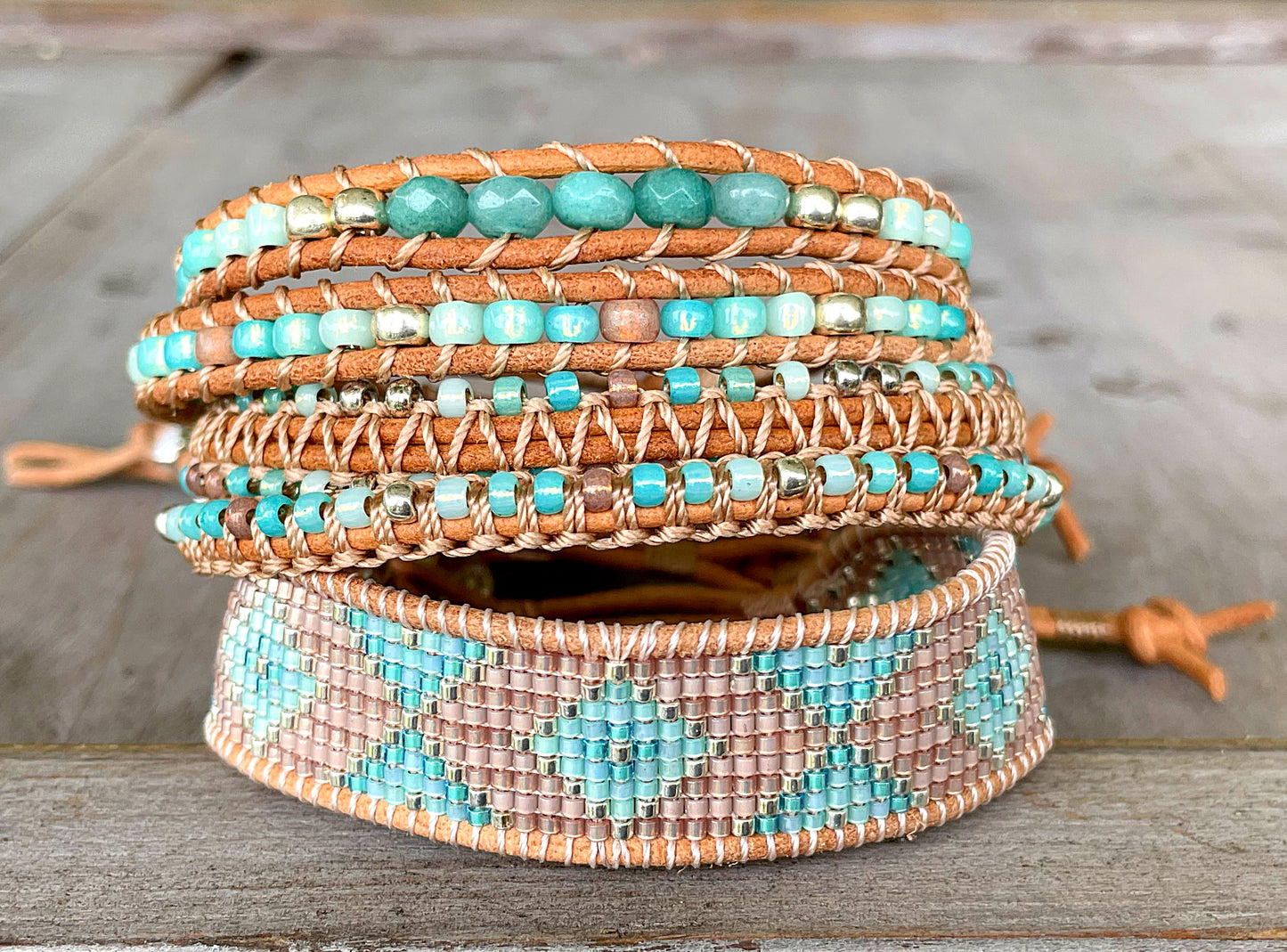 Seafoam and Aqua Jade Ombre Beaded Macrame Bracelet Set