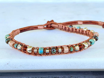 Earthy Tan Turquoise and Silver Beaded Macrame Bracelet Set