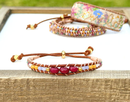 Wildflower mix glass bead Macrame Adjustable Leather Bracelet