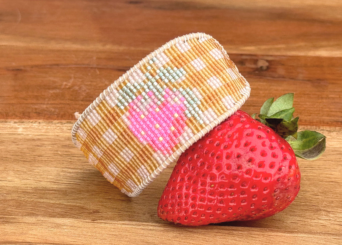 Strawberry Bead Loom Woven bracelet with yellow gingham