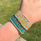 Golden Sun Over Waves Bead Loom Woven Bracelet with Slide adjustable Clasp and Leather Trim