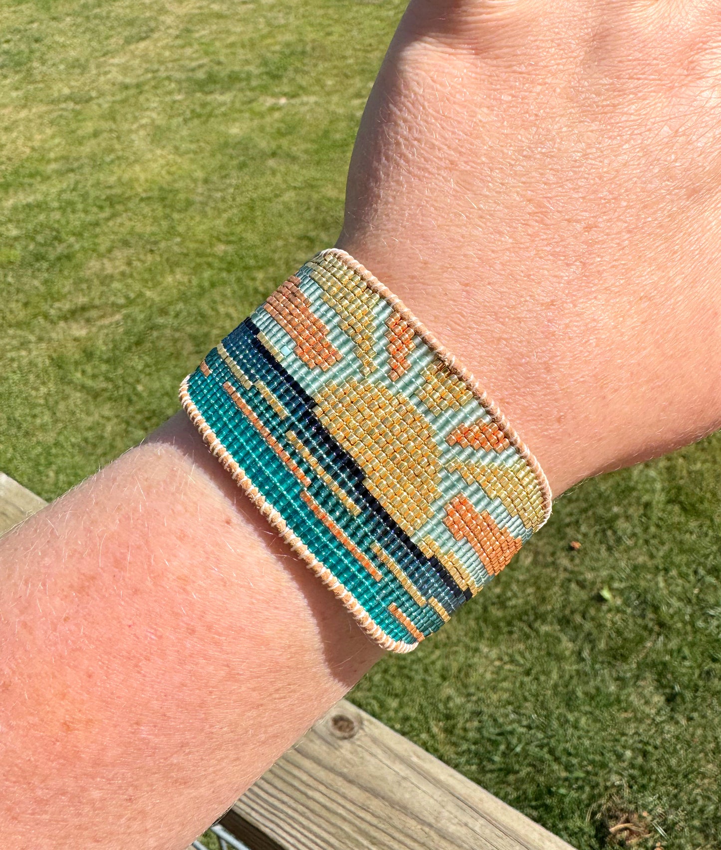 Golden Sun Over Waves Bead Loom Woven Bracelet with Slide adjustable Clasp and Leather Trim