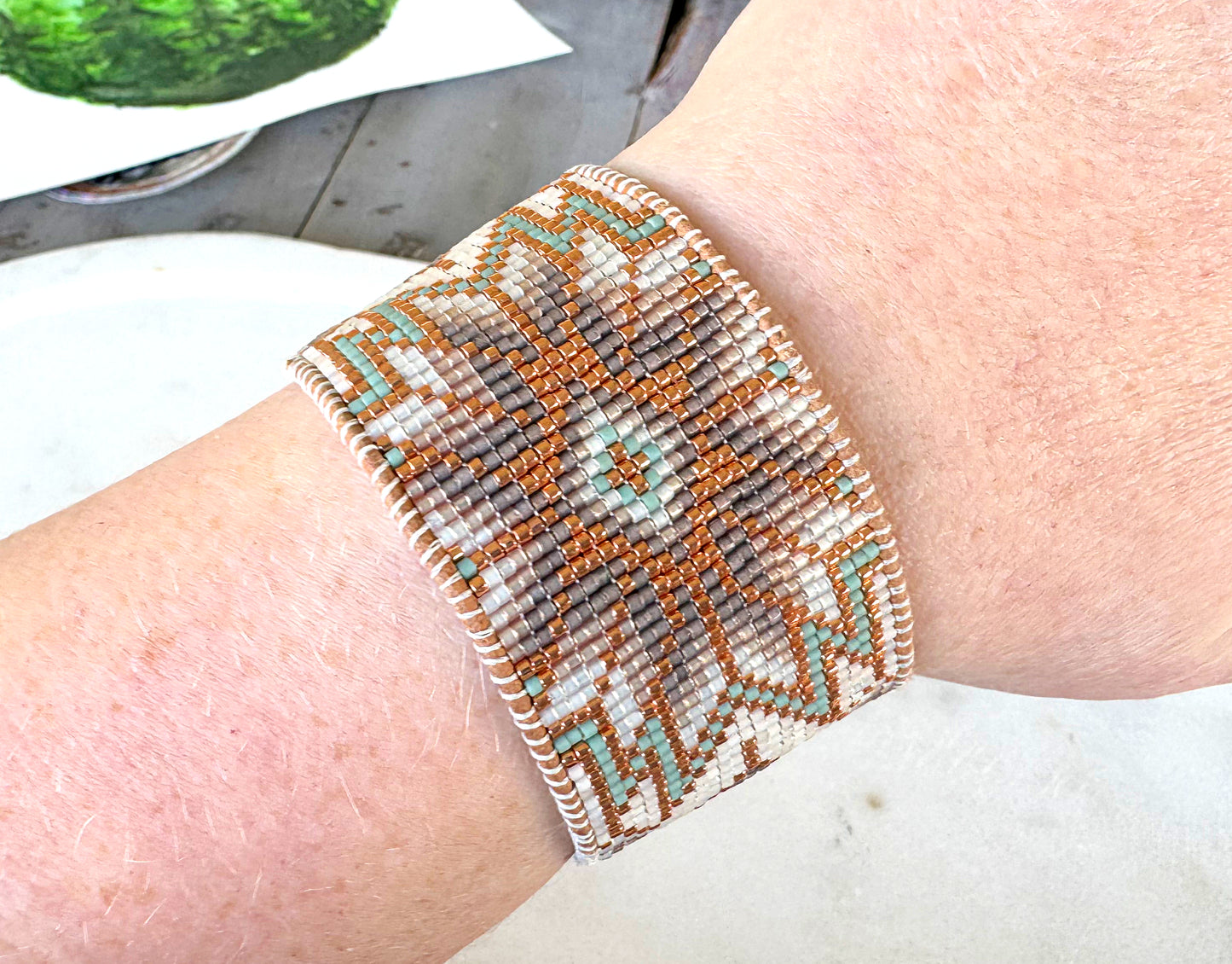 Sage, Copper, and Natural Beige Starburst Bead Loom Woven Leather trimmed Bracelet