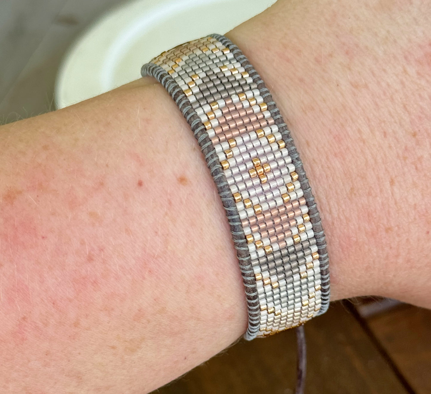 Blush Pink, and Gray Geometric Loom Woven Triangle beaded friendship bracelet