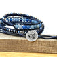 Blue Adventurine, White, Tan, Gray, and Silver Beaded Macrame Wrap bracelet