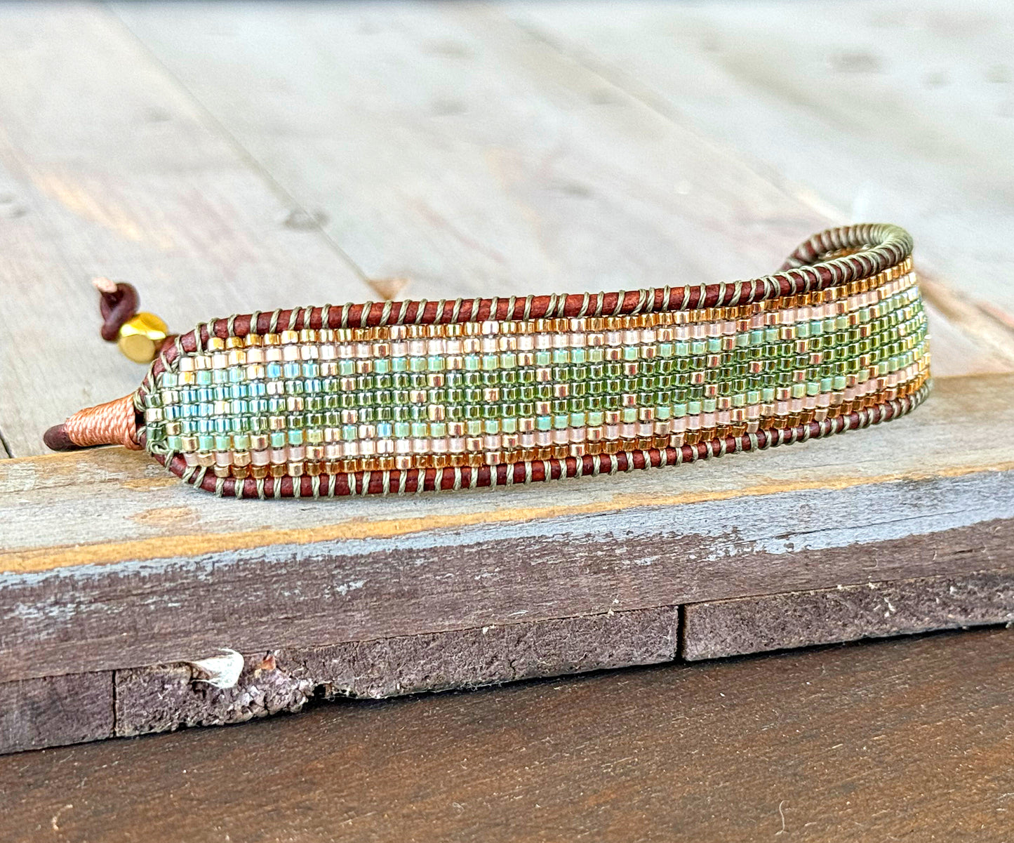 Gold, Green, and Tan Western bead loom woven adjustable leather bracelet