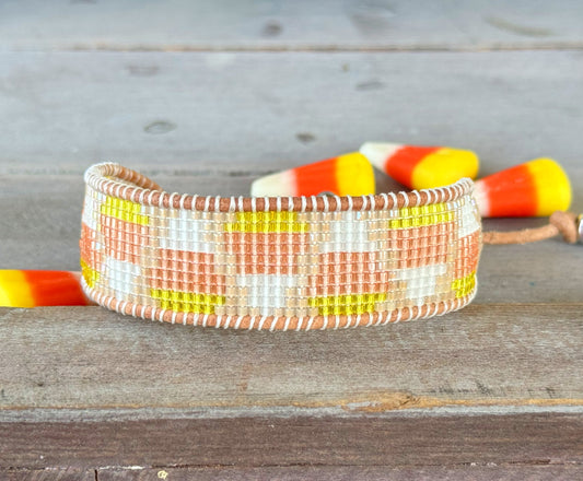 Faded Candy Corn Bead Loom Cuff bracelet, Halloween seed bead bracelet