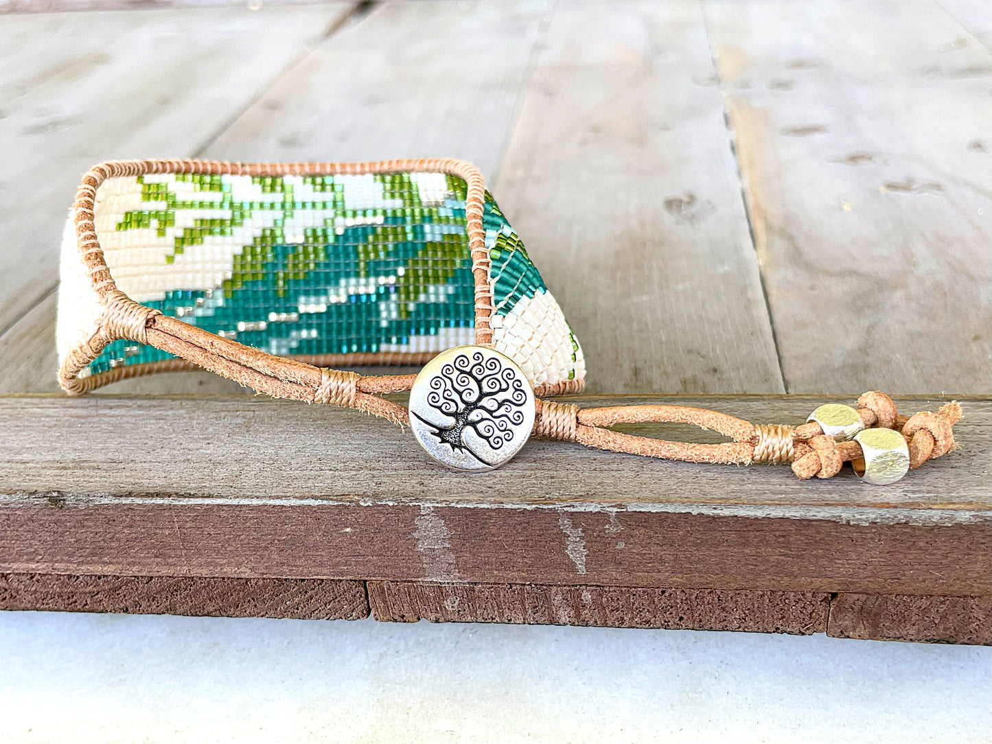 Fern and leaf Bead Loom Woven Cuff Bracelet