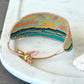 Golden Sun Over Waves Bead Loom Woven Bracelet with Slide adjustable Clasp and Leather Trim