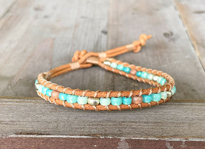 Seafoam and Aqua Jade Ombre Beaded Macrame Bracelet Set