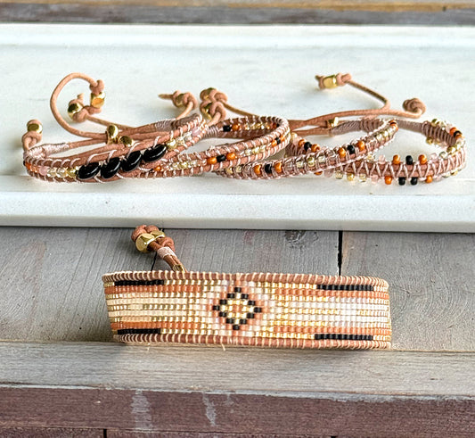 Black, Honey Tan, and Gold starburst Western Geometric Loom and Macrame Bracelet stack set
