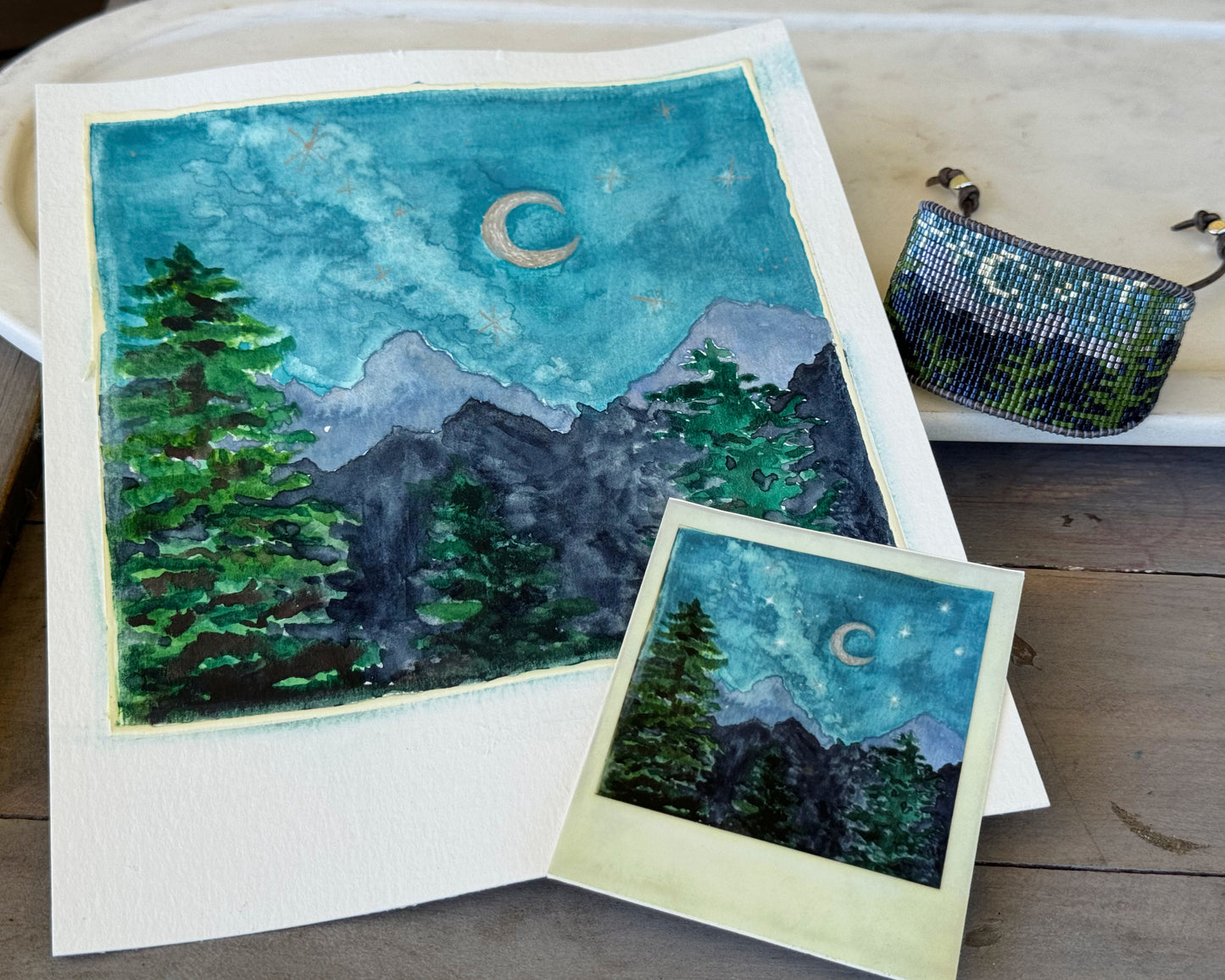 Night in the Mountains Polaroid style Watercolor Landscape waterproof vinyl decal