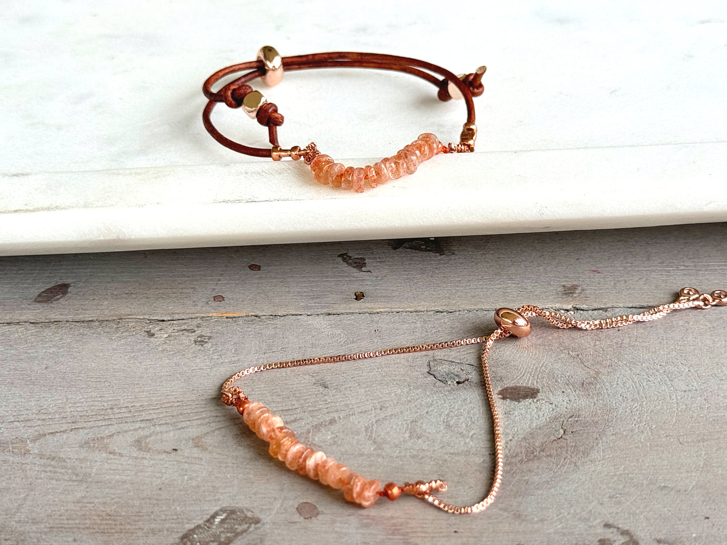 Sunstone and slide adjustable chain or leather stack bracelet