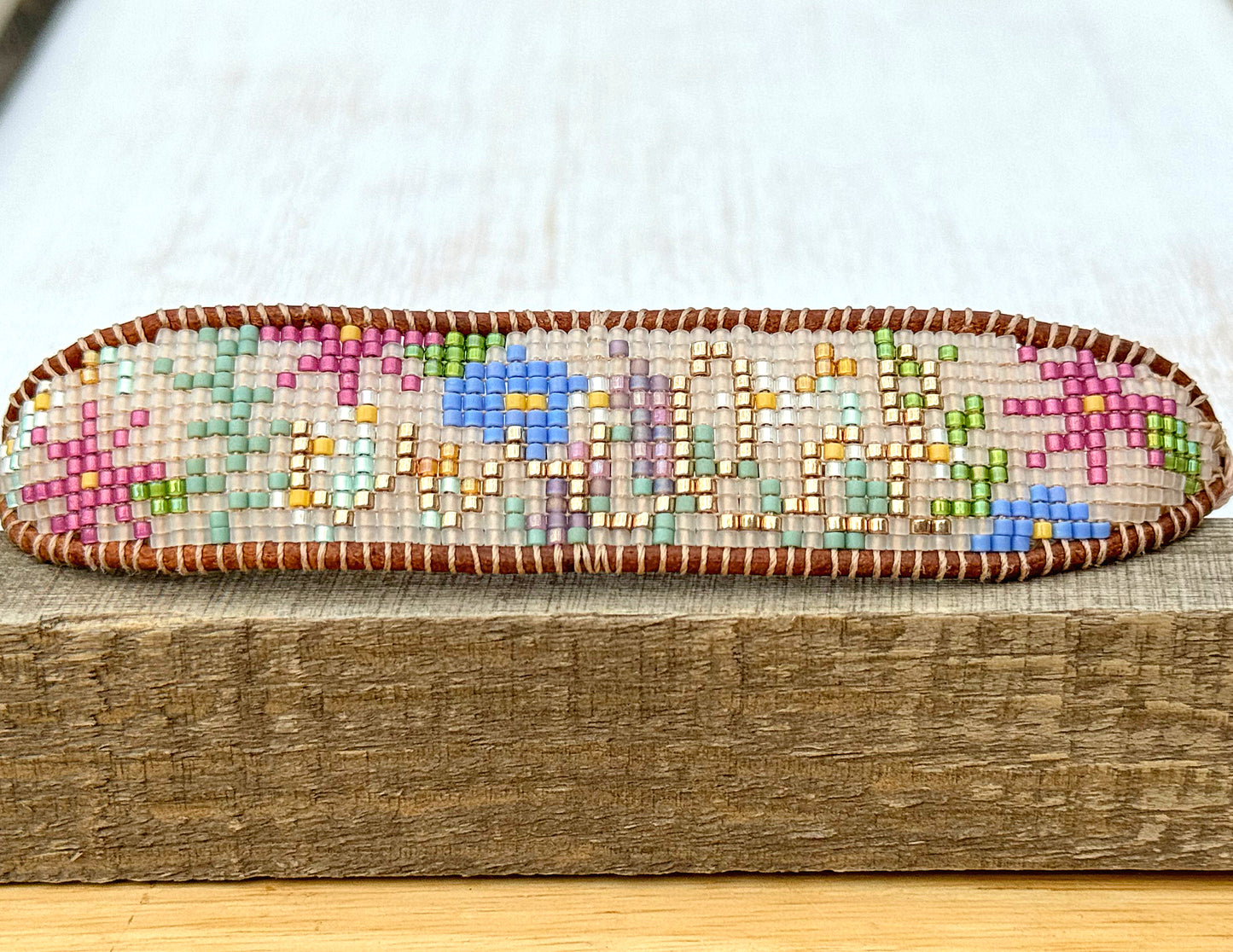 WILD flower bead loom woven bracelet with slide adjustable leather trim